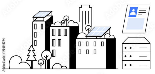 Sustainable energy concept. Solar panels on buildings support renewable energy goals. Digital identity and data storage highlight technological integration. For smart cities, eco-tech solutions, data