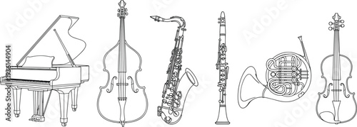 Musical instruments outline collection, piano violin saxophone clarinet horn line art set, classical orchestra instrument vector illustration