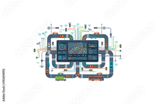 Futuristic circuit board in abstract digital art style with vibrant neon lighting on a complex network diagram for technology background
