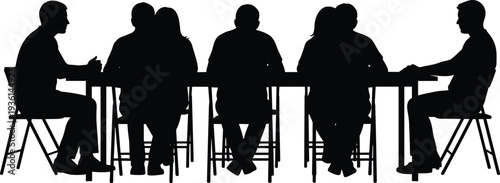 Business meeting silhouettes around table, diverse team discussion collaboration concept, corporate conference teamwork leadership negotiation strategy illustration