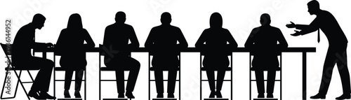 Business meeting silhouettes at conference table, team discussion presentation isolated black corporate people on white background concept