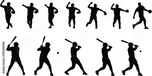 Baseball player silhouettes pitching and batting sequence, dynamic sports action poses isolated on white background, black vector illustration set