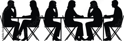 Business meeting silhouettes at table, professional people discussion concept, corporate teamwork negotiation, office communication strategy illustration design