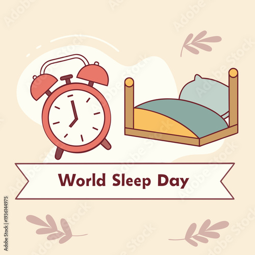 A colorful illustration celebrating world sleep day with an alarm clock and bed.