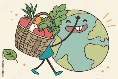 A cheerful character carries a basket of fresh vegetables over a stylized globe.