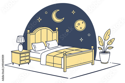 Cozy bedroom setup under a starry night sky with a crescent moon.