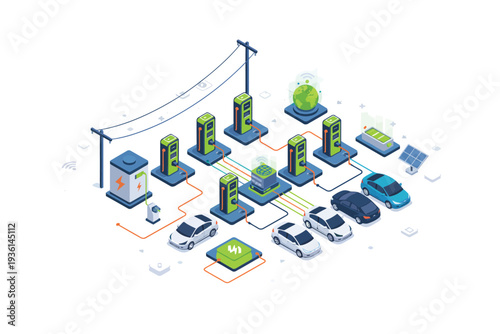 Electric Vehicle Charging Station with Renewable Energy Sources in Modern Isometric Illustration with Bright Blue and Green Colors for Sustainable Transportation