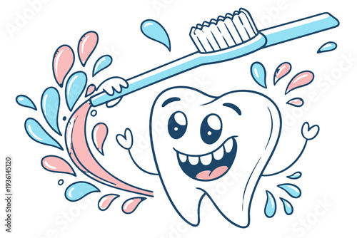 A cheerful cartoon toothbrush with a smiling tooth promoting oral hygiene and dental care