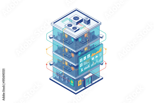 Data Center Server Room in Modern Minimalist Style with Bright Blue Lighting on Isometric Illustration for IT Infrastructure