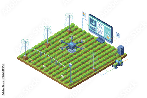 Precision Farming Drone in Green Field with Computer Monitoring System in Isometric View with Bright Lighting for Agricultural Technology