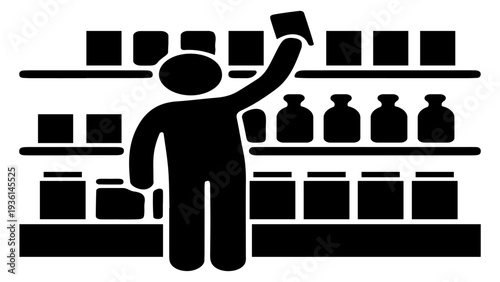 Simple black and white icon of a person reaching for a product on a grocery store shelf.