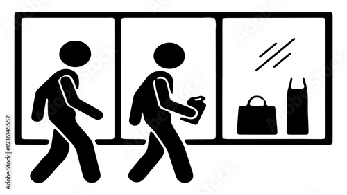 Two people walking past a shopping mall window display with handbag and dress icons.