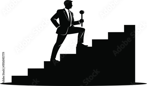 A silhouette of a businessman climbing up a staircase holding a microphone