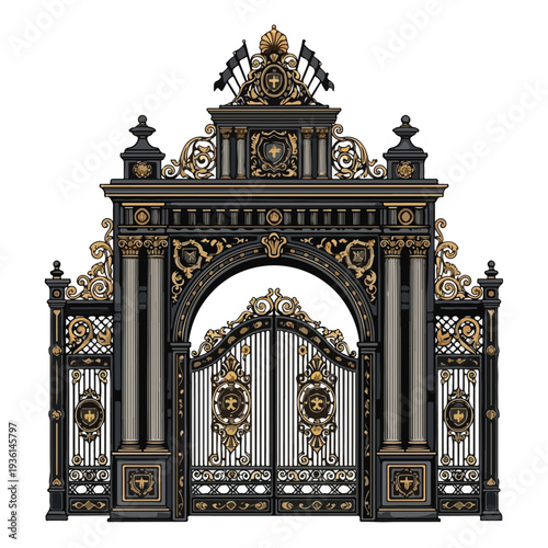 Ornate Black Metal Gate with Gold Accents.