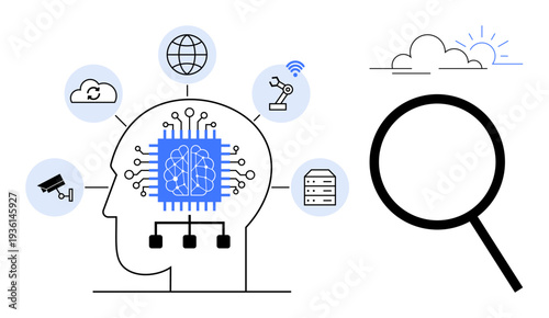 Human head with AI chip surrounded by technology icons thumbs up automation arm, cloud, and storage, alongside a magnifying glass. Ideal for innovation, AI, technology, analysis, research