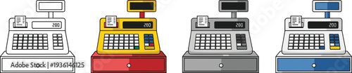 Professional cash register icon set featuring colorful flat design and line art illustrations for retail commerce shopping and small business point of sale concepts.
