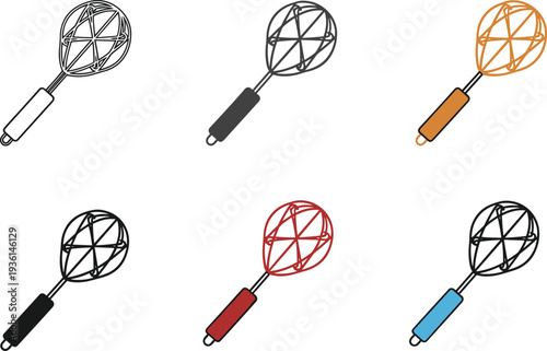 Professional kitchen whisk icon set featuring various colors and black line art styles for baking cooking and food preparation isolated on white background.