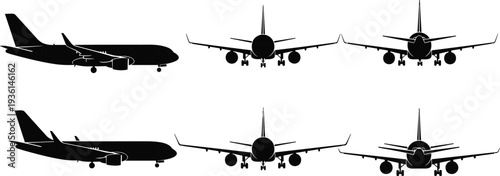 Commercial passenger airplane silhouette set, front side and landing views isolated on white background for aviation design