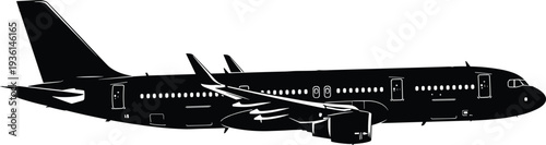 Commercial passenger airplane side view silhouette, modern jet aircraft isolated black vector aviation transport illustration design