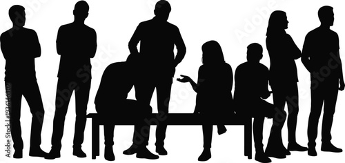 group of friends silhouettes sitting and standing near park bench, social conversation teamwork discussion, people interaction vector illustration