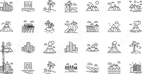 Set of minimalist thin line landscape icons featuring city skylines, tropical palm islands, volcanic eruptions, mountain ranges, forest scenery, waterfalls,  for travel and nature web design.