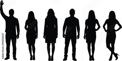 Group of people silhouettes standing together, men and women figures, human characters collection, black isolated shapes, teamwork diversity concept illustration