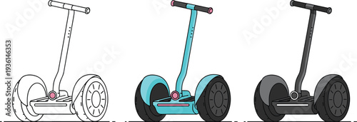Set of modern electric self-balancing scooter icons featuring colorful flat designs and black line art illustrations isolated on white background vector.