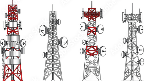 Set of telecommunication towers and radio masts featuring cellular antennas and satellite dishes for 5G network coverage, global communication, and wireless technology infrastructure.