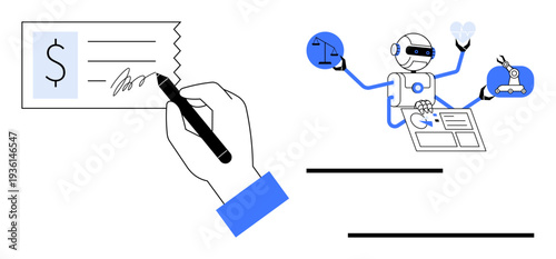 Fintech, automation, digital workflow, artificial intelligence, legal services, innovation. A robot multitasking with AI tools and a hand signs a financial document. Fintech and automation concept