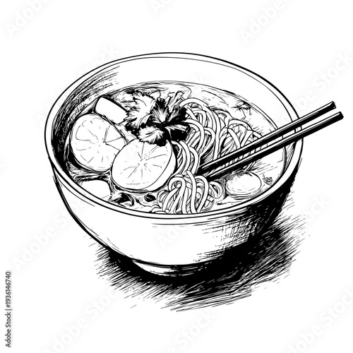 A close-up black and white illustration of a bowl of steaming ramen noodles with chopsticks, perfect for adobe stock