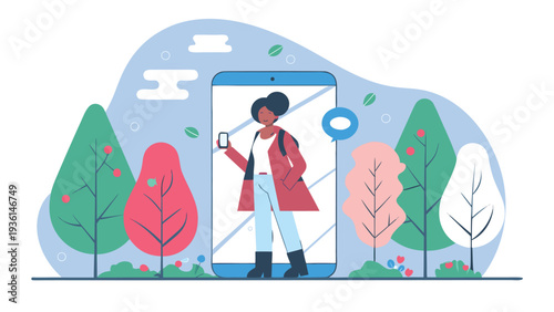Woman standing inside a giant smartphone frame in a colorful park.