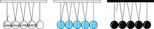 Vector set of Newton's cradle balance balls featuring colorful flat design and black line art illustrations for physics education and office desk decoration.