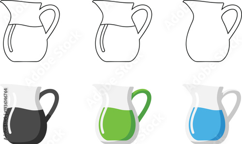 Vector collection of glass pitcher icons with colorful liquid and outline versions for cafe menus healthy drinks and kitchen glassware design elements.