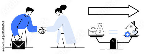 Business deal. Business handshake agreement and trade-off elements thumbs up money and property on scales. Business negotiation, resource management, and decision-making. Perfect for finance, trade
