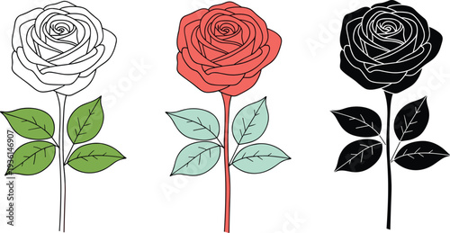 Beautiful rose flower icon set featuring colorful red petals line art and solid black silhouette versions with leaves isolated on white background.