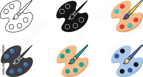 Art palette and paintbrush vector icon set featuring colorful flat line and silhouette styles for painting creative hobbies education and artistic design elements.