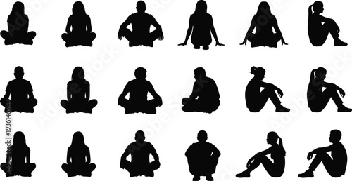 People sitting silhouettes set, men and women seated poses collection, casual sitting human figures, black silhouette vector illustration