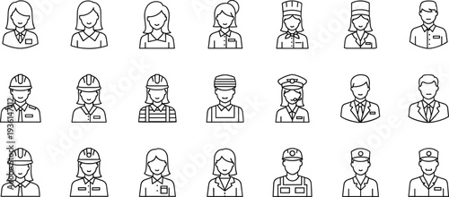 Collection of professional avatar line icons featuring various job occupations including chef engineer pilot nurse and office workers for business workforce designs.