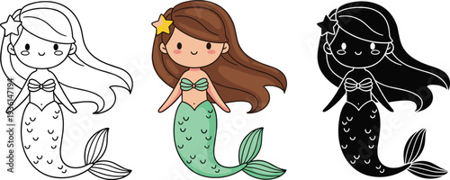 Cute kawaii mermaid character set featuring colorful illustration line art and solid black silhouette versions for children coloring books nursery decor and summer designs.