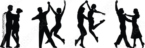 Dancing couple silhouettes performing ballroom tango salsa dance isolated on white background celebration romance movement elegant illustration set