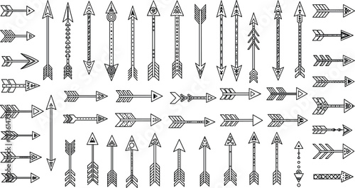 Decorative hand drawn tribal arrow vector set featuring boho ethnic style ornaments for wedding invitations rustic branding geometric native patterns and adventure illustrations.