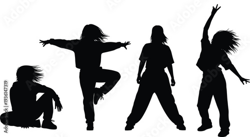 Female hip hop dancer silhouettes collection showing urban street dance freestyle poses isolated on white background modern dance illustration