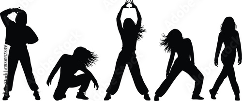Female hip hop dancers silhouettes collection showing urban street dance freestyle poses isolated on white background modern dance illustration
