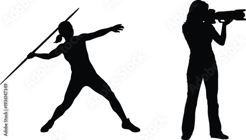 Female athlete silhouette set, woman javelin thrower and photographer with camera, sport and media profession concept illustration