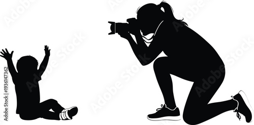 Female photographer taking picture of child silhouette photography hobby isolated on white background people lifestyle illustration concept