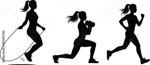 Fitness woman silhouettes showing jump rope workout lunges and running exercise isolated on white background healthy lifestyle illustration