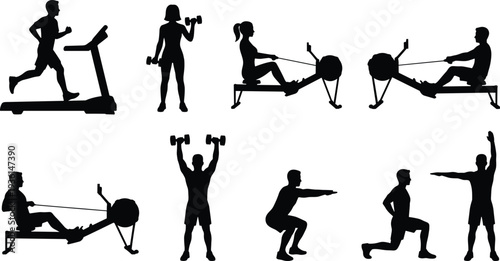 Fitness workout silhouette set gym exercise training people running rowing dumbbell squat lunge healthy lifestyle vector illustration