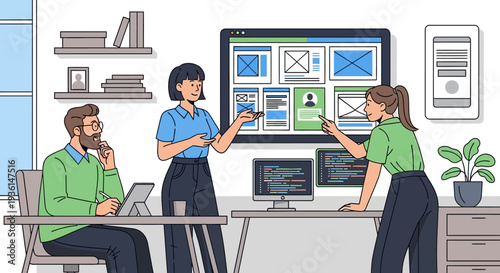 Team Discussing Project on Interactive Screen.