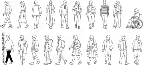 People walking collection line art illustration set, diverse men women characters strolling with backpacks casual outfits minimal outline vector