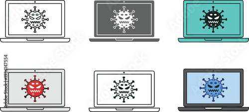 Laptop computer virus icon set featuring malware bug symbols on screen in colorful flat design line art and solid black styles for cybersecurity concepts.
